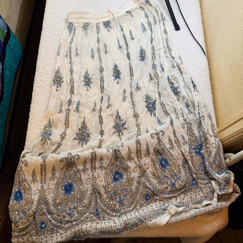 Indian Boho Sequined Crinkle Broomstick Skirt White